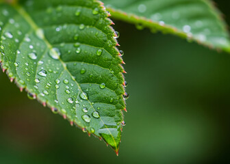 Macro Rain Droplets on Green Leaf with Soft Daylight Bokeh
