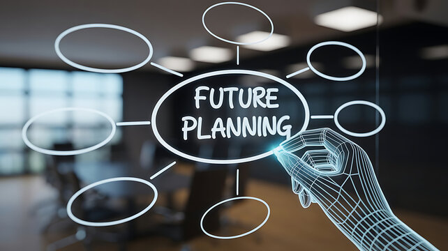 Conceptual future planning diagram with a 3D hand, illustrating strategic vision for business growth, innovation, and goals - Powered by Adobe