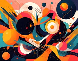 Colorful abstract artwork featuring geometric shapes, vibrant hues, and dynamic composition