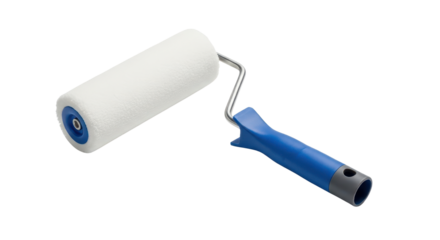 Paint roller with blue handle for wall painting isolated PNG with Transparent Background
