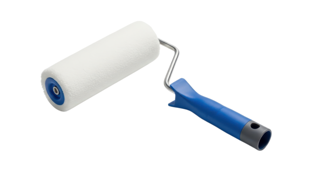 Paint roller with blue handle for wall painting isolated PNG with Transparent Background