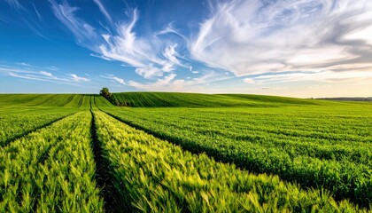 A vibrant green landscape with rolling hills and a clear path through a field of crops under a blue sky with white clouds.