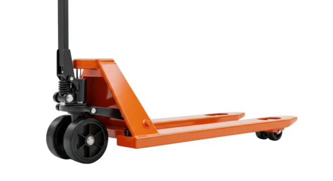 Orange pallet jack for warehouse and delivery operations isolated PNG with Transparent Background