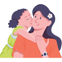 Little Girl Gives Mother A Sweet Kiss On Her Cheek With Eyes Closed While Embracing Her Affectionately In A Loving Gesture Of Family Bonding And Happiness