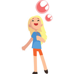 Joyful Young Girl With Blonde Hair Wearing Blue Shirt and Orange Shorts Blowing Pink Bubbles Outdoors on a Sunny Day With Transparent Background