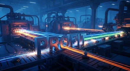 Digital factory line forging prosperity Advanced industrial machinery and glowing data streams converge to symbolize rapid profit generation and efficient business growth through technology