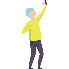 Light Blue Haired Person Takes A Selfie With A Yellow Long Sleeved Shirt And Dark Pants Against A Transparent Background