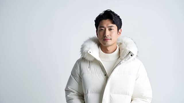 明るい白背景の右端に、ふわふわした冬ジャケットを着た日本人男性が静かに立つフォトリアルな映像。
モダンでミニマルな構図が、クリーンで洗練された冬の空気感を強調する。