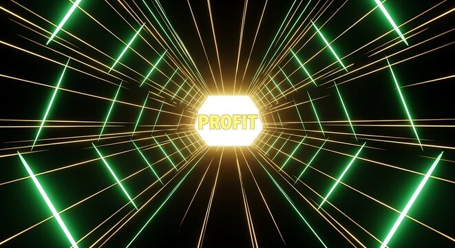 Dynamic digital tunnel symbolizing a futuristic journey towards financial profit and economic success through glowing neon pathways and abstract data streams