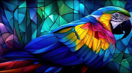 A close-up of a colorful parrot with vibrant blue, yellow, and pink feathers, set against a background of geometric stained glass.