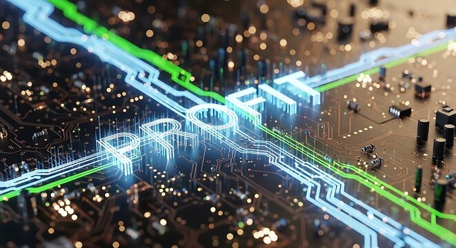 Conceptual illustration of digital profit flowing through illuminated circuits, symbolizing business growth, financial success, and data-driven strategies within a modern technological framework - Powered by Adobe