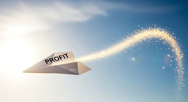 Paper airplane with 'PROFIT' flies upward, leaving a sparkling golden trail against a bright sky, symbolizing financial growth and successful business ventures