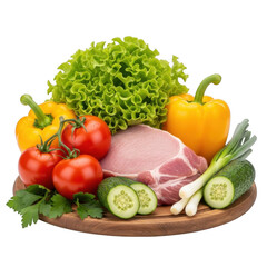 Fresh Vegetables and Raw Meat Isolated on Transparent Background. Healthy Eating Concept. Dieting Nutrition