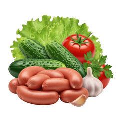 Fresh Vegetables and Sausages Food Still Life Arrangement Cut Out on Transparent Background
