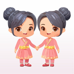 Adorable Cartoon Twin Girls in Traditional Pink Outfits Holding Hands