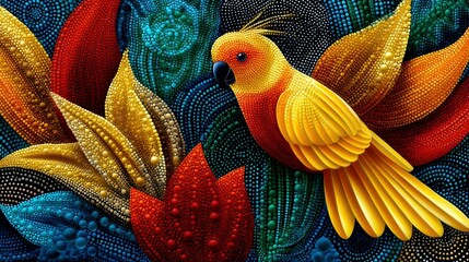 A close-up of a bright yellow parrot with red and orange markings, set against a background of abstract, textured shapes resembling colorful petals or leaves.