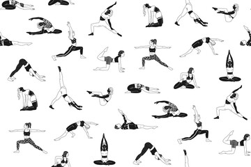 Women do yoga Pilates exercises monochrome seamless pattern. Young girls doing various fitness stretching, meditation and relaxation, gym sport body training vector illustration boundless background