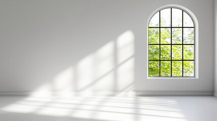Obraz premium An empty, bright white room with an arched window showing green trees outside, and sunlight casting geometric shadows on the floor and wall.