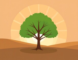 Solitary tree in desert landscape against backdrop of rising sun illustration