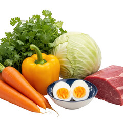 Fresh Vegetables Cabbage Carrot Cilantro Bell Pepper Eggs Beef Nutrition Healthy Diet Raw Food Ingredient Isolated Transparent Background