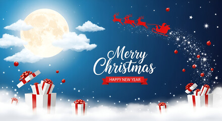 Winter christmas composition in paper cut style.Merry Christmas text Calligraphic Lettering and Santa Claus on the sky Vector illustration.