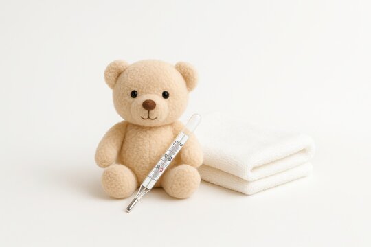 Mercury body thermometer with soft toy bear and folded towel on a clean white background pediatric healthcare concept for fever checking child care and medical branding