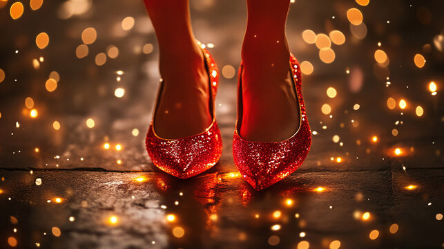 A magical moment where a person steps into a pair of ruby red slippers, with glowing sparkles bursting from the shoes, as they prepare to embark on a mystical adventure.