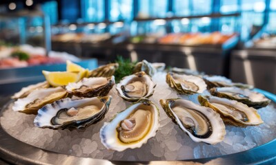 Fresh oysters on ice, seafood display