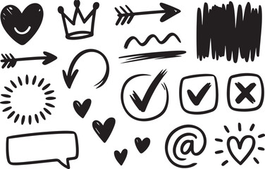 Collection of hand drawn black doodle icons and symbols on white background