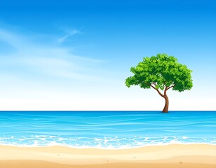Vector Illustration of a Solitary Tree Standing in Ocean Waters on a Beach