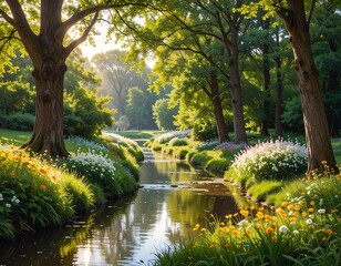 Tranquil Stream Through Sun-Dappled Forest: A Verdant Oasis of Natural Beauty