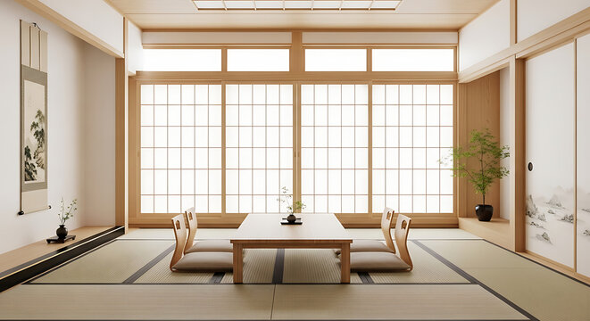 Traditional Japanese tatami room interior with shoji screen windows and low table provides an excellent serene backdrop for cultural promotion.
