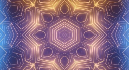Purple and blue geometric kaleidoscope pattern forming symmetrical glowing abstract rotation