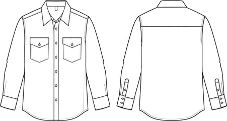 Flat technical fashion drawing vector illustration of a men's long-sleeved Western shirt with pointed collar, snap button front, patch flap pockets, and button cuffs, front and back view.