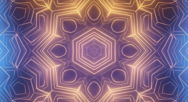Purple and blue geometric kaleidoscope pattern forming symmetrical glowing abstract rotation