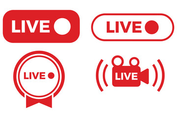Live Streaming Red Icon Set – Online Broadcast Buttons, Live Stream Symbols, and Vector Logos on White Background