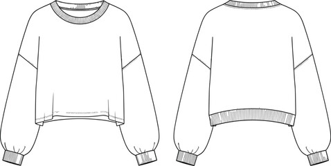 Flat technical fashion drawing vector illustration of a women's cropped fleece sweatshirt with long puffy balloon sleeves, a crew neck, and ribbed cuffs and hem, front and back view. © Mostofa Expressive