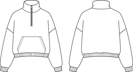 Flat technical fashion drawing vector illustration of a women's oversized cropped fleece pullover featuring a quarter-zip mock neck, large kangaroo pocket, and ribbed cuffs and hem, front and back © Mostofa Expressive