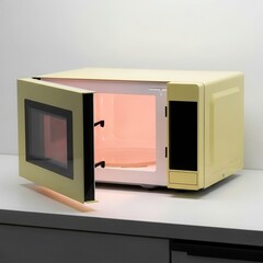 Fototapeta premium Pale yellow retro style kitchen appliance door stands open revealing an illuminated interior