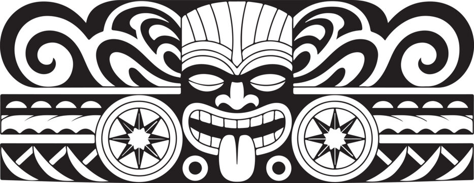 Tribal tiki mask tattoo design with polynesian waves and sun symbols