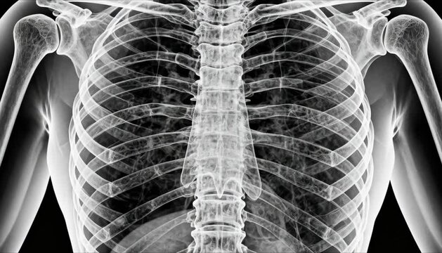 x ray style visual of human ribcage, detailed bone structure, clear anatomical representation of skeletal system, medical science and inner framework