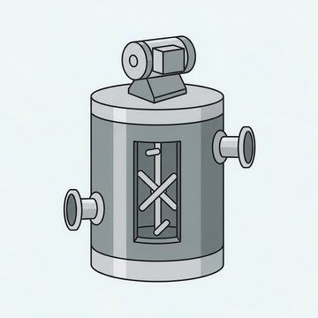 Industrial mixing vessel with top mounted agitator mechanism shown in cross section