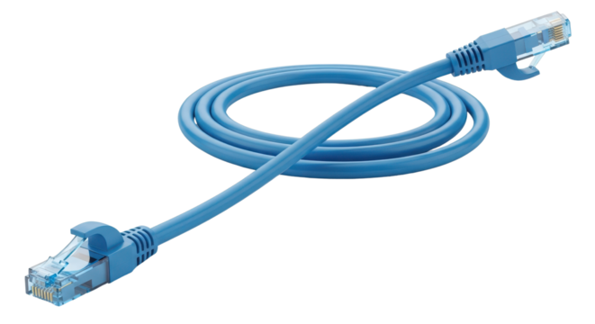 Blue Ethernet Network Cable with RJ45 Connectors Isolated Product Shot isolated PNG with Transparent Background - Powered by Adobe