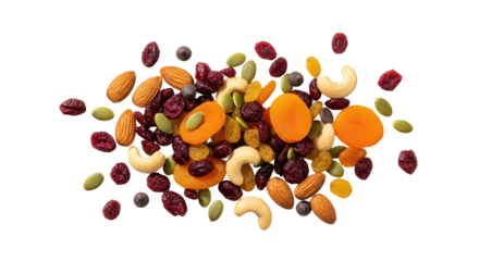 Top View of Scattered Trail Mix Ingredients Including Almonds, Cashews, Dried Apricots, and Cranberries isolated PNG with Transparent Background