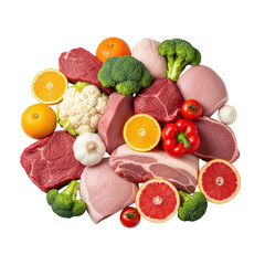 Fruits Vegetables and Raw Meat Top View on Transparency