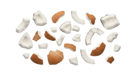 Scattered pieces of fresh raw coconut meat and broken brown shell isolated, top view isolated PNG with Transparent Background