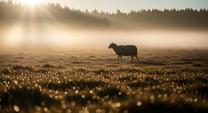 A solitary sheep grazes in a misty meadow at sunrise, creating a serene landscape - Powered by Adobe