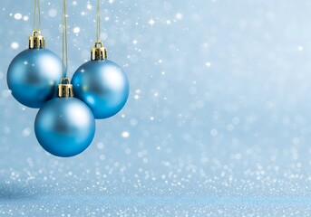 Elegant Blue Christmas Baubles Hanging on Sparkling Glitter Background