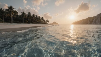 Tranquil beach scene at sunset clear water, palm trees, and a distant island under golden light