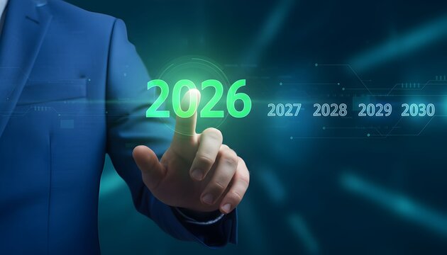 A businessman's hand points to the glowing year 2026 on a futuristic digital screen, symbolizing future planning and goal setting.